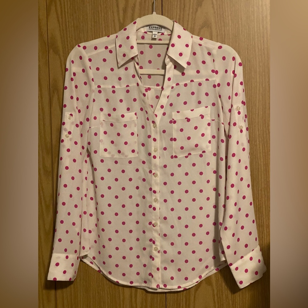 Express Portofino Shirt XS | White Pink Polka Dot | Button Down Blouse